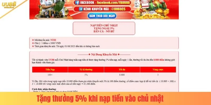 Tặng thưởng 5% khi nạp tiền vào chủ nhật